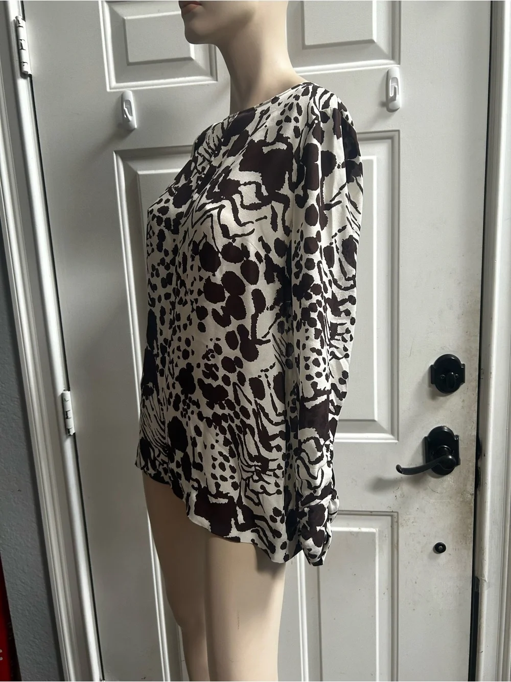 Tory Burch Silk Cream and Dark Brown Abstract Long-Sleeve Tunic Blouse Sz M